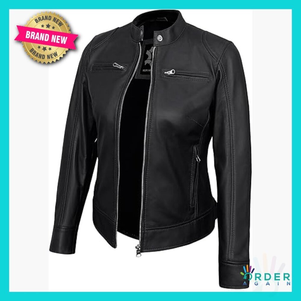 Lambskin Leather Jacket Cafe Racer Style Quilted Shoulders Adjustable Fit